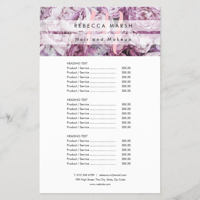 Rosa Peony Script Monogram Salon Service Menu Flyer (Vorne)