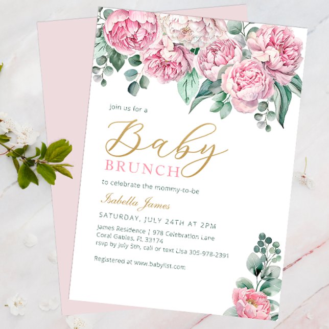 Rosa Peony und Eucalyptus Gold Baby Showeinlage Einladung (Floral Baby Shower Invite)
