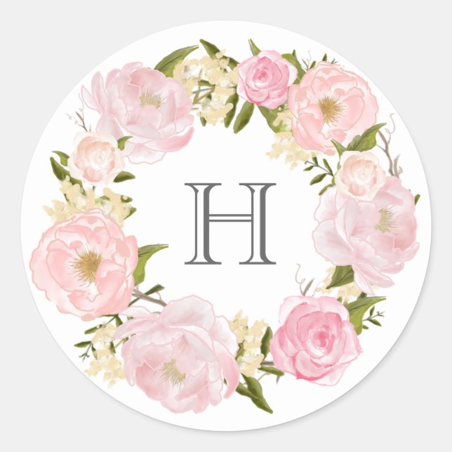 Rosa Peony Wreath Monogram Runder Aufkleber (Vorderseite)