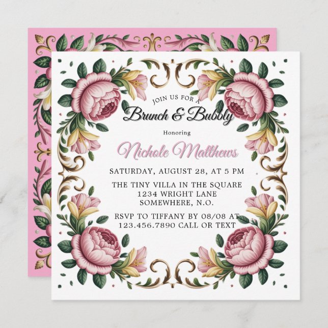 Rosa Peonys Rokoko Rahmen Brunch & Bubbly Einladung (Vorne/Hinten)