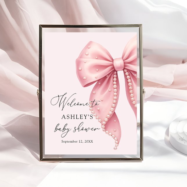 Rosa Perlen-Bogen Mädchen Baby Shower Willkommen  Poster (Von Creator hochgeladen)