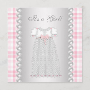 Rosa Perlen-Kleiderrosa-Gingham-Baby-Dusche Einladung