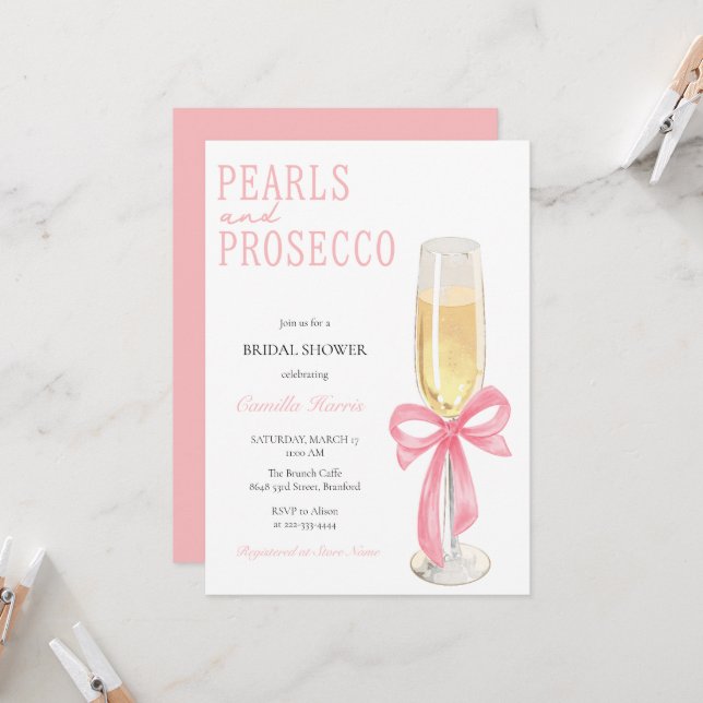 Rosa Perlen & Prosecco Minimales Brautparty Einladung (Vorderseite/Rückseite Beispiel)