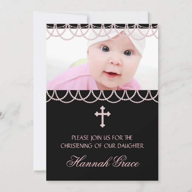 Rosa Perlen Rosa und Schwarzes Christening Einladung (Vorderseite)