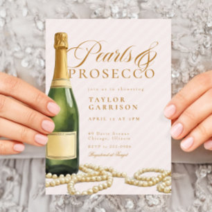 Rosa Perlen und Brautparty Prosecco Einladung