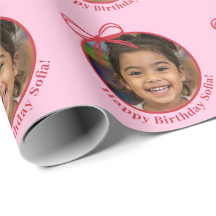 Rosa personalisierter Name Mädchen Foto Geburtstag Geschenkpapier