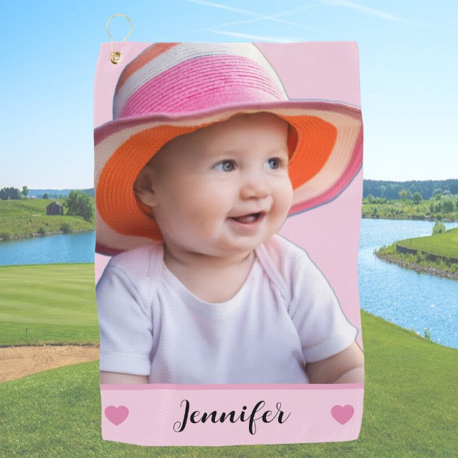 Rosa personalisierter Name und Foto Golfhandtuch (Von Creator hochgeladen)