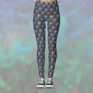 Rosa Pfauenfedern hübsches Muster auf tiefem Grün Leggings
