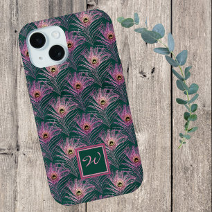 Rosa Pfauenfedern und Monogramm auf Tiefgrün Case-Mate iPhone Hülle