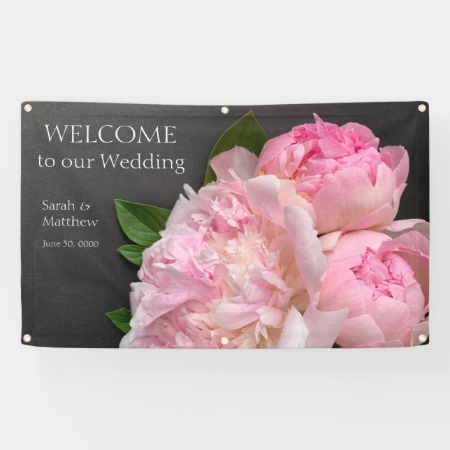 Rosa Pfingsteine auf dunkelgraue Hochzeit Banner (Horizontal)