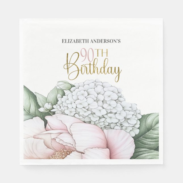 Rosa Pfingstrose Floral 90. Geburtstag  Serviette (Vorderseite)
