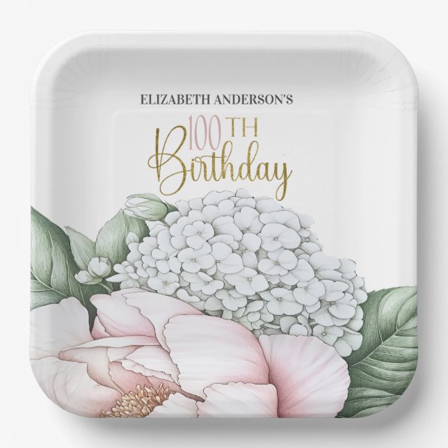 Rosa Pfingstrosen-Blumen-100. Geburtstag  Pappteller (Vorderseite)