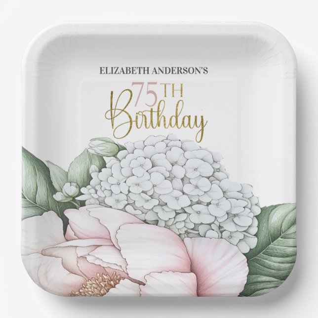 Rosa Pfingstrosen-Blumen-75. Geburtstag  Pappteller (Vorderseite)