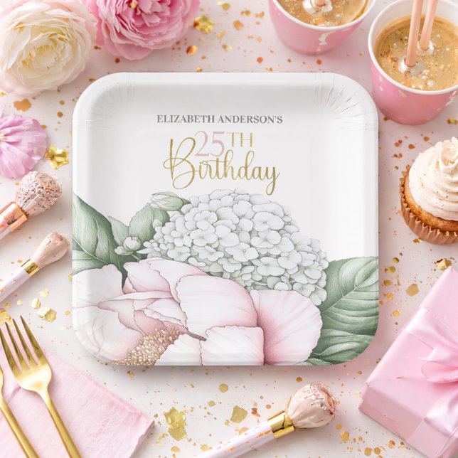 Rosa Pfingstrosen-Blüten 25. Geburtstag Pappteller (Pretty Blush Pink Peony 25th Birthday Personalized Paper Plates)