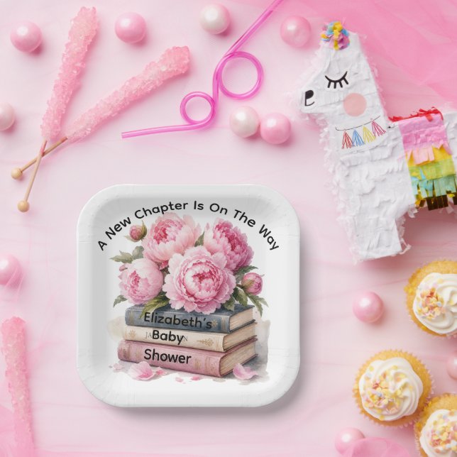Rosa Pfingstrosen & Bücher Neues Kapitel Mädchen-B Pappteller (Party)