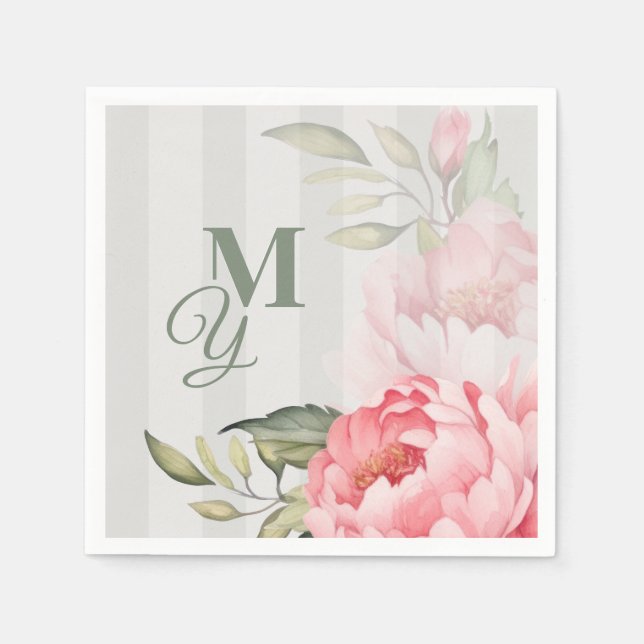 Rosa Pfingstrosen-Hochzeitsmonogramm | Chic Floral Serviette (Vorderseite)