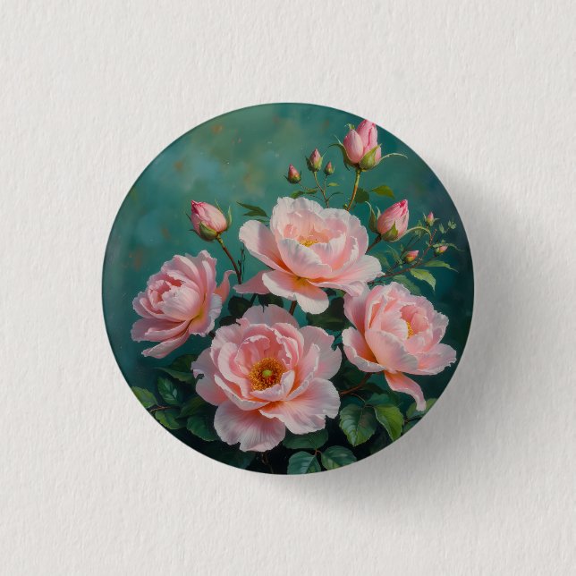 Rosa Pfingstrosen-Kunstwerk auf Smaragdgrün Button (Vorderseite)