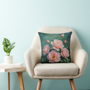 Rosa Pfingstrosen-Kunstwerk auf Smaragdgrün Kissen