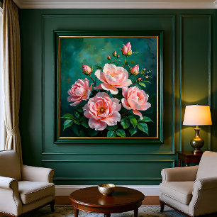 Rosa Pfingstrosen-Kunstwerk auf Smaragdgrün Leinwanddruck