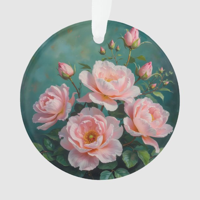 Rosa Pfingstrosen-Kunstwerk auf Smaragdgrün Ornament (Vorderseite)