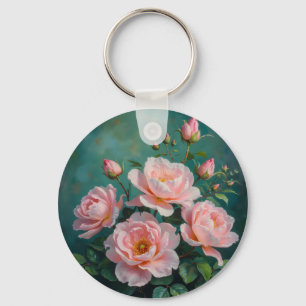 Rosa Pfingstrosen-Kunstwerk auf Smaragdgrün Schlüsselanhänger