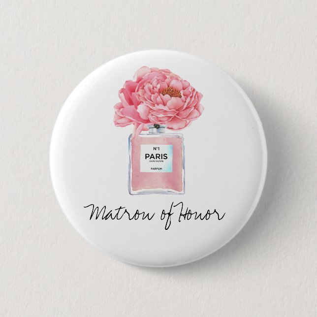 Rosa Pfingstrosen & Parfüm Matrone der Ehre Button (Vorderseite)