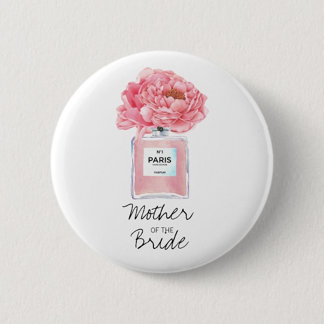 Rosa Pfingstrosen & Parfüm Mutter der Braut Button (Vorderseite)