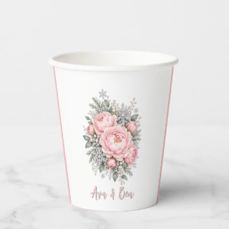 Rosa Pfingstrosen-Schneeflocken-Winterhochzeit Pappbecher