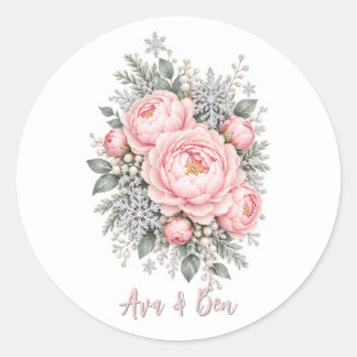 Rosa Pfingstrosen-Schneeflocken-Winterhochzeit Runder Aufkleber