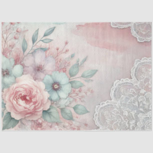 Rosa Pfingstrosen und blaue Blumen auf rosa weißer Seidenpapier