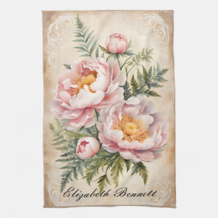 Rosa Pfingstrosen und Spitze Geschirrtuch