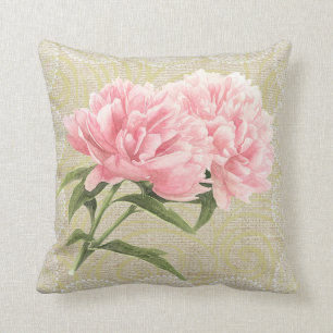 Rosa Pfingstrosen und Spitzendekor Blumen vintage Kissen