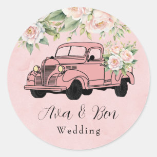 Rosa Pfingstrosen-Vintage-LKW-Hochzeit Runder Aufkleber