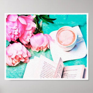 Rosa Pfingstrosen-Watercolor-Café Latte Kuschelig Poster