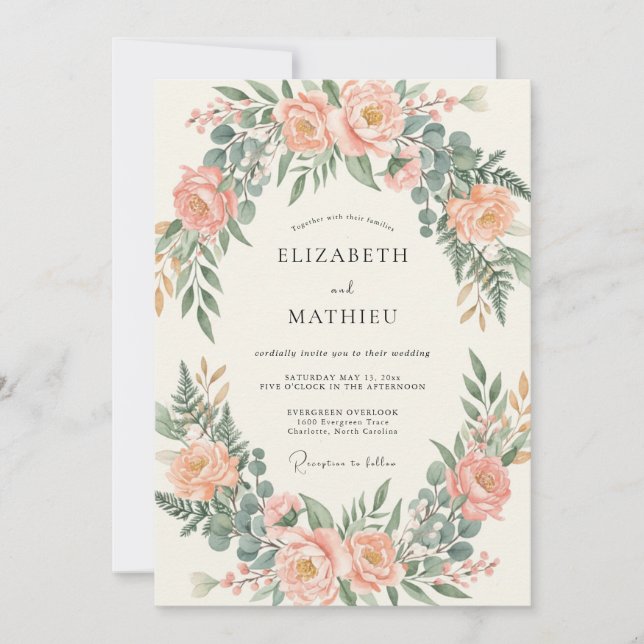 Rosa-Pfirsich-Bogen-Eukalyptus-Hochzeit Einladung (Vorderseite)