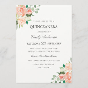 Rosa Pfirsich Floral Aquarell Quinceanera Einladun Einladung