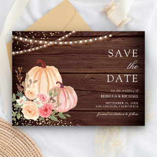 Rosa Pfirsich-Kürbis-Blumen-Scheunen-Holz-Hochzeit Save The Date