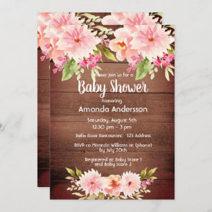 Rosa Pfirsichblumen aus braunem Holz Rustikale Bab Einladung