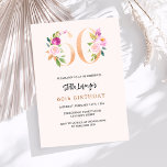 Rosa pfirsichblümliche Zahlen Gold 60. Geburtstag Einladung<br><div class="desc">Eine moderne,  stilvolle und glamouröse Einladung zu einer 60. Geburtstagsfeier. Ein pfirsichfarbener Hintergrund. Dekoriert mit Foralzahlen in Imitaten Gold und Rosa. Der Name ist mit einem modernen handgeschriebenen Stilskript geschrieben. Personalisieren Sie Ihre Party-Daten und fügen Sie sie hinzu.</div>
