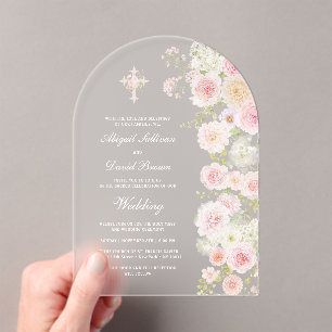 Rosa Pfirsichblütenbogen religiöse Hochzeit Acryleinladungen