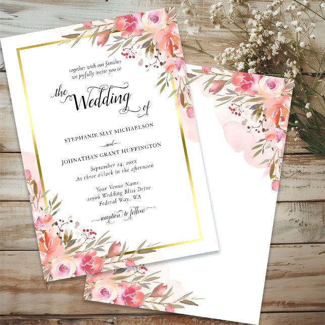 Rosa Pfirsichfarben Hochzeit Gold Einladung (Elegant Pink Peach Floral Watercolor Wedding Gold Invitation)