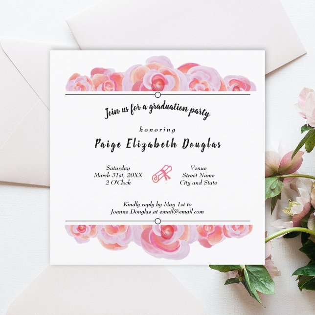 Rosa Pfirsichfarben Rose Graduation Party Einladun Einladung (peach black botanical roses graduation party invitation pink diploma pink graduate grad flowers )