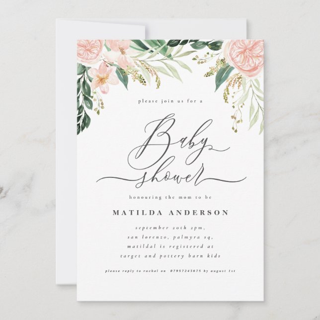 Rosa pfirsichfarbene Blumenwatecolor Babydusche Pa (Vorderseite)