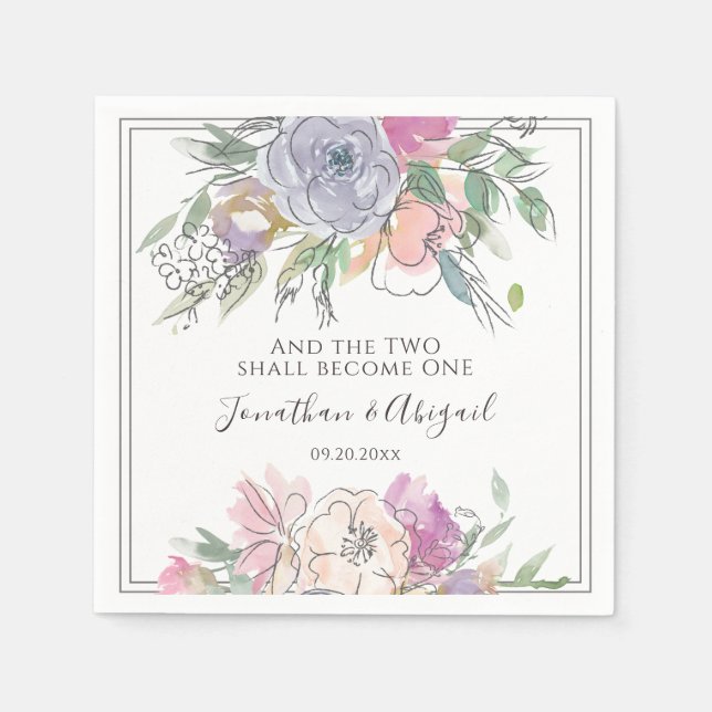 Rosa Pfirsichfarbene Lila Blütengrau-Rahmen-Hochze Serviette (Vorderseite)
