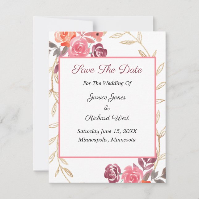 Rosa Pfirsichgoldblütendrama Save the Date (Vorderseite)