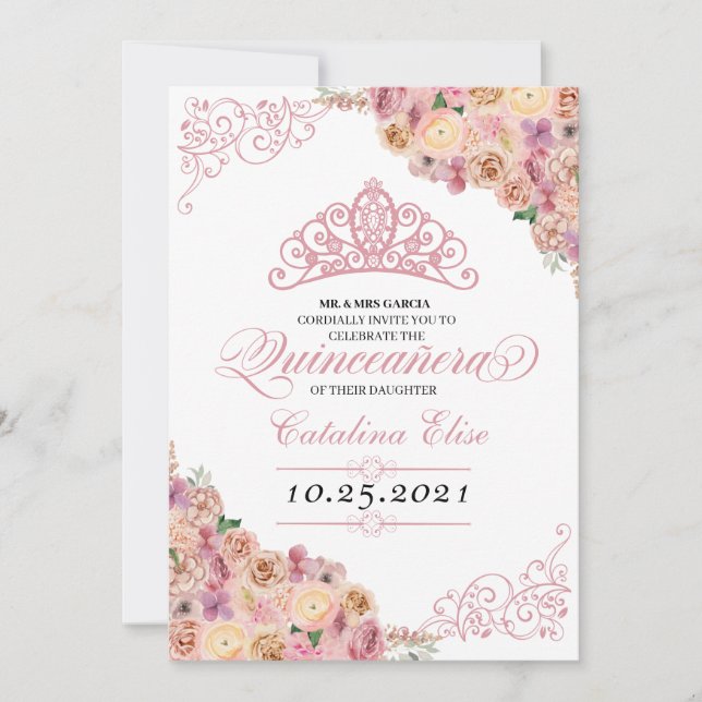 Rosa Pfirsichpfirsich Quinceanera Geburtstag Einladung (Vorderseite)