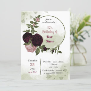 Rosa Pflaume Bordeaux Blume Grün Geburtstagsparty Einladung