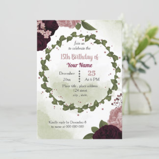 Rosa Pflaume Bordeaux Blume Grün Geburtstagsparty Einladung