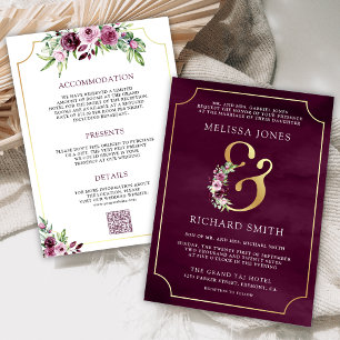 Rosa Pflaumen-Blumen-Et-Zeichen QR-Code-Hochzeit Einladung