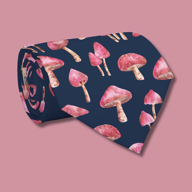 Rosa Pilzmuster Krawatte (pink mushroom tie (rolled) on navy)